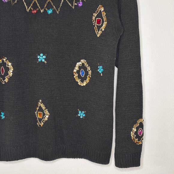 Vintage 90s Exclusive Imports Black Sequin Beaded Ramie Cotton Sweater Harlequin - Picture 5 of 10